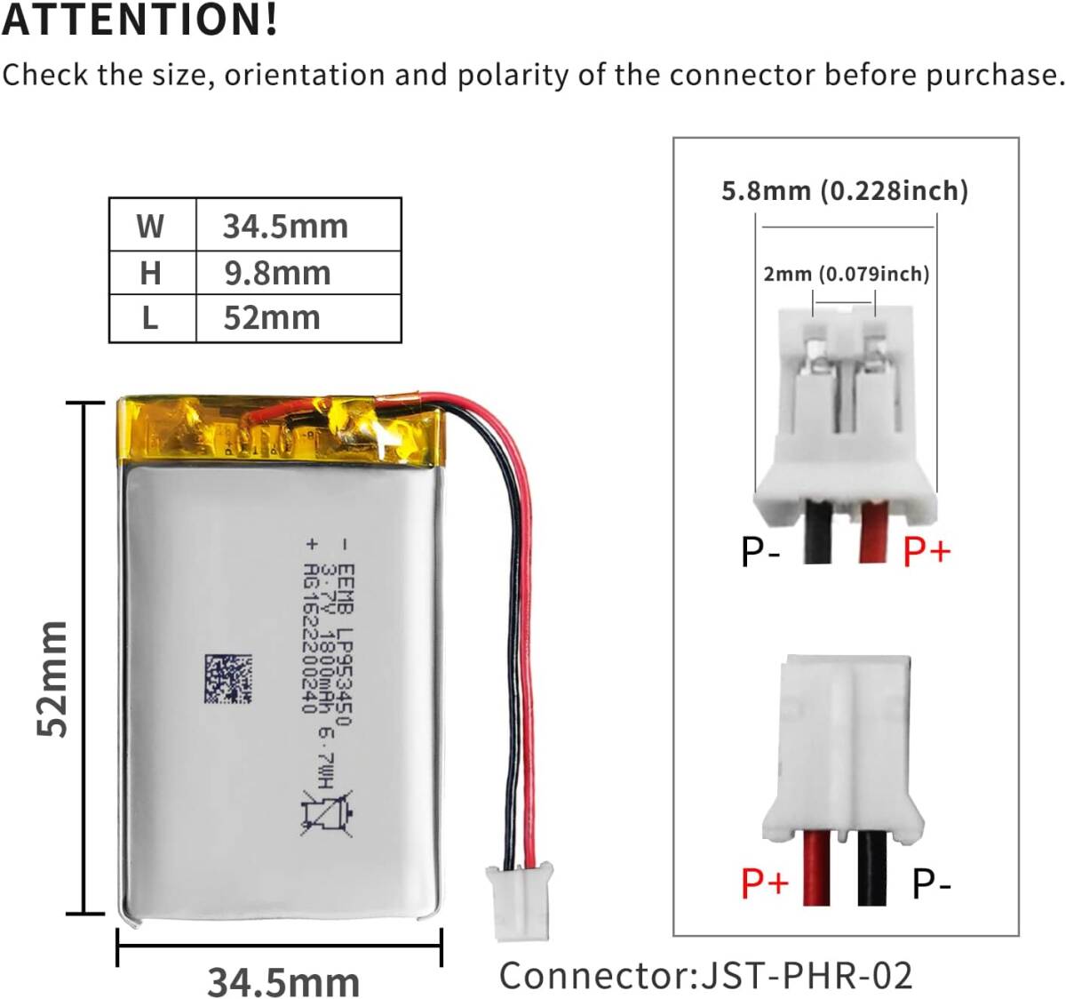 EEMBリチウムポリマー電池3.7 V 1800 mAh 953450 Lipo充電可能電池パック付きJSTコネクタ-購入前に機器