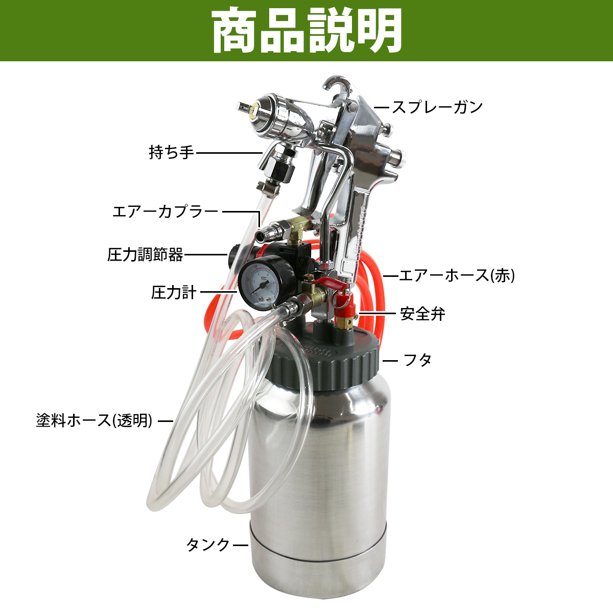 【送料無料】加圧式 エアー スプレー ガン ノズル径 2.0mm 2L 圧力計 付 エアーガン 塗装 ペイント ツール 建設機械 トラック ダンプ DIY_画像3