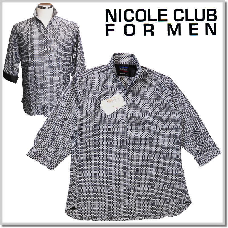 ニコルクラブフォーメン NICOLE CLUB FOR MEN シアーチェック7分袖スタンドカラーシャツ 4264-8203-49(BLACK)-48(L)_画像1