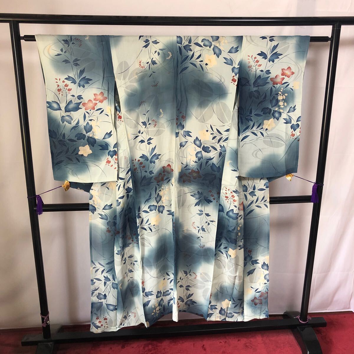  antique kimono single . blue flower gradation Showa Retro Taisho romance modern peace ...ko-te remake silk silk 100%.22-03t