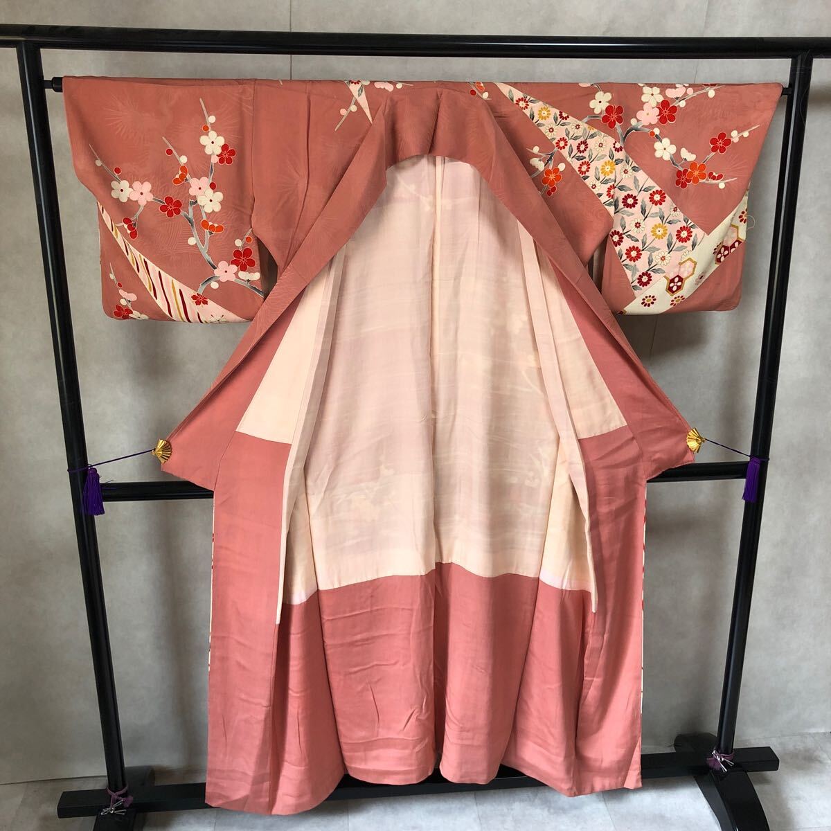 античный кимоно потускнение розовый установка ниже цветок .. Showa Retro Taisho роман современный мир ...ko-te переделка шелк натуральный шелк 100%.26-16t