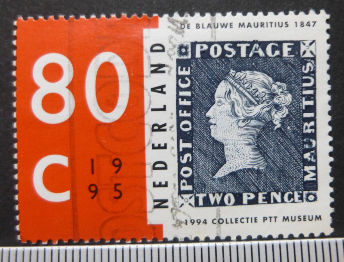 使用済み オランダ (The Netherlands) ブルーモーリシャス ２ペンス切手 収蔵記念切手 送料無料の画像2