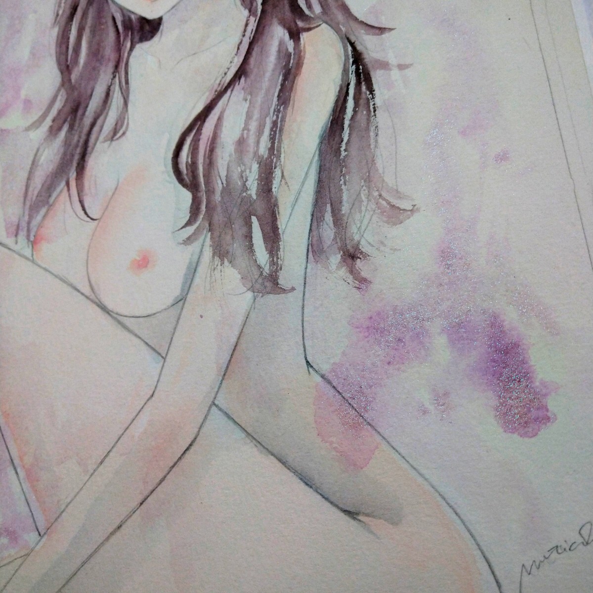 肉筆原画　水彩画　手描きイラスト　絵画　オリジナル　美人画　裸婦画　ヌード画　A4　@mucica_画像3