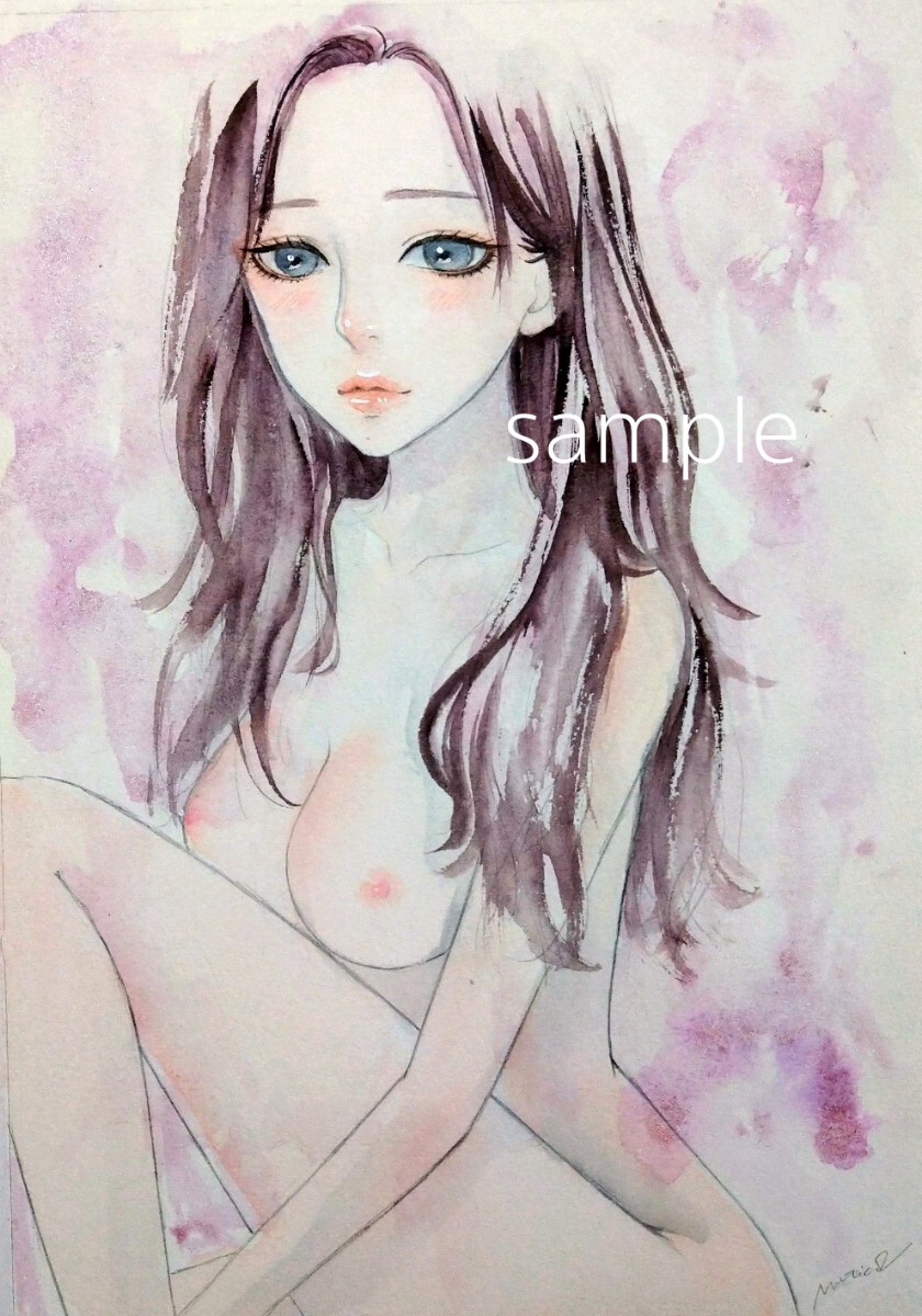 肉筆原画　水彩画　手描きイラスト　絵画　オリジナル　美人画　裸婦画　ヌード画　A4　@mucica_画像2