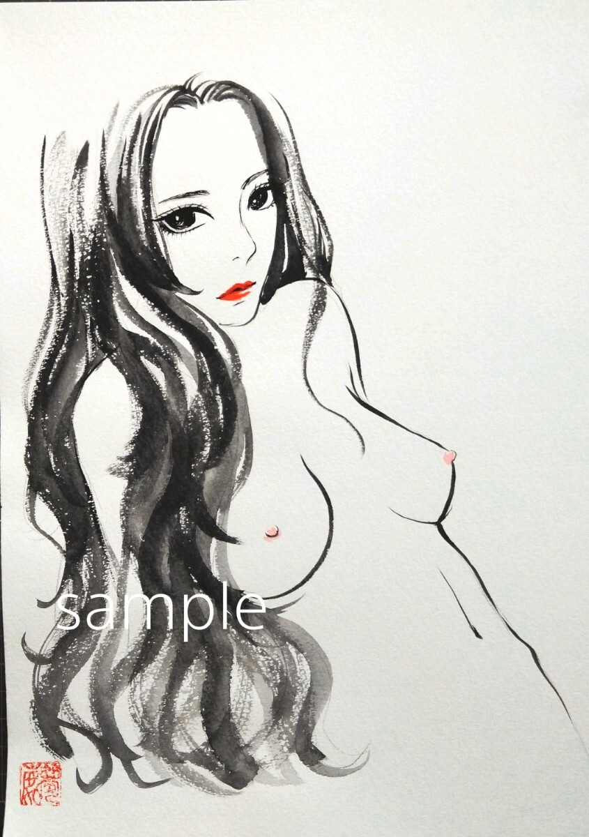 肉筆原画　水彩画　ドローイング　美人画　ヌード　裸婦画　絵画　オリジナル　A4　手描きイラスト　@mucica_画像2