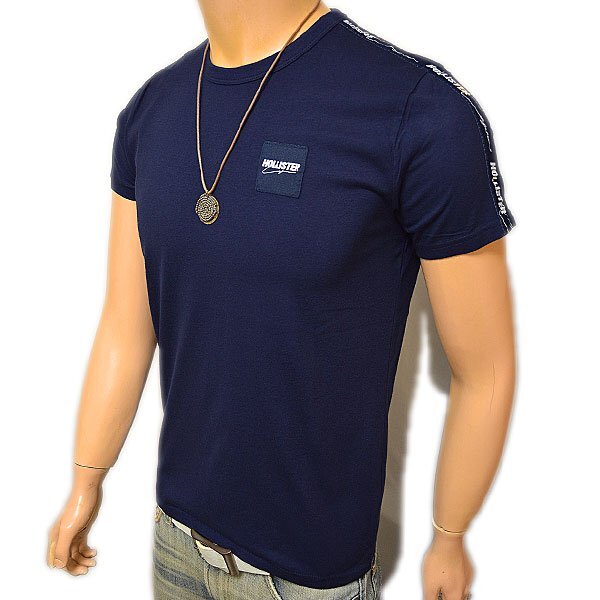 SALE 新品 ホリスター Hollister 紺 XLサイズ 両肩ロゴテープ Tシャツ 胸ロゴパッチ 丸首 クルーネック ネイビー アバクロ 正規品 メンズの画像6