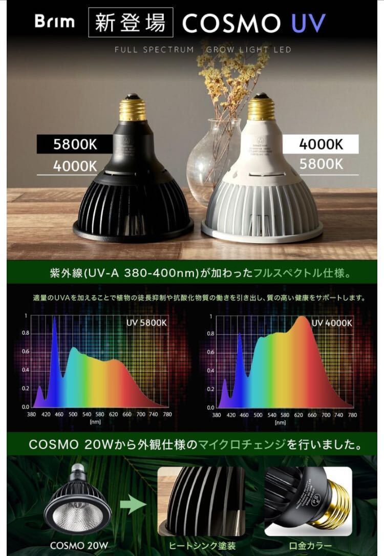 BRIM(ブリム) COSMO UV 20W 植物育成ライト フルスペクトル 高PPFD 高力率 高演色性 植物用LEDライト 省エネ 長寿命 E26口金 暖色系 4000Kの画像6