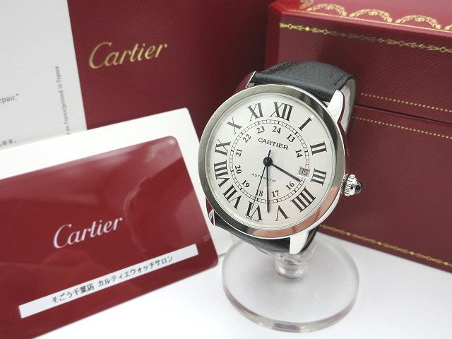 ☆Cartier カルティエ ロンド・ソロ WSRN0022 42mm 自動巻き AT 革ベルト デイト ホワイト文字盤 現状稼働品 中古 メンズ 腕時計☆の画像1