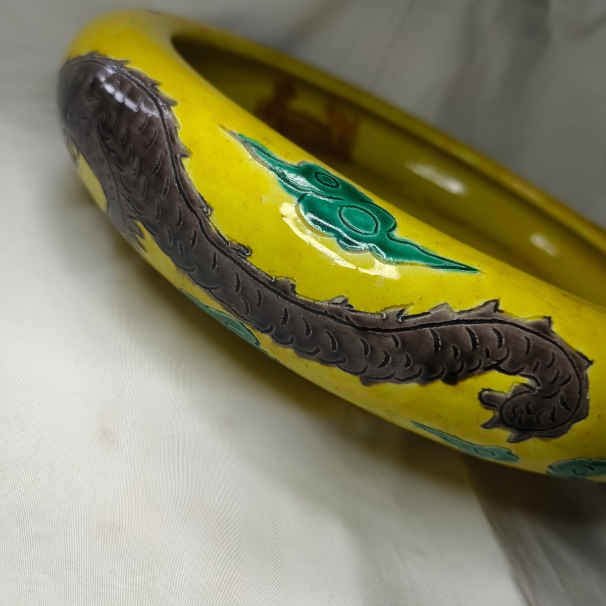 黄交趾 水盤 中国骨董 花器 茶道具 花道具 幅30cm 骨董 旧家蔵出