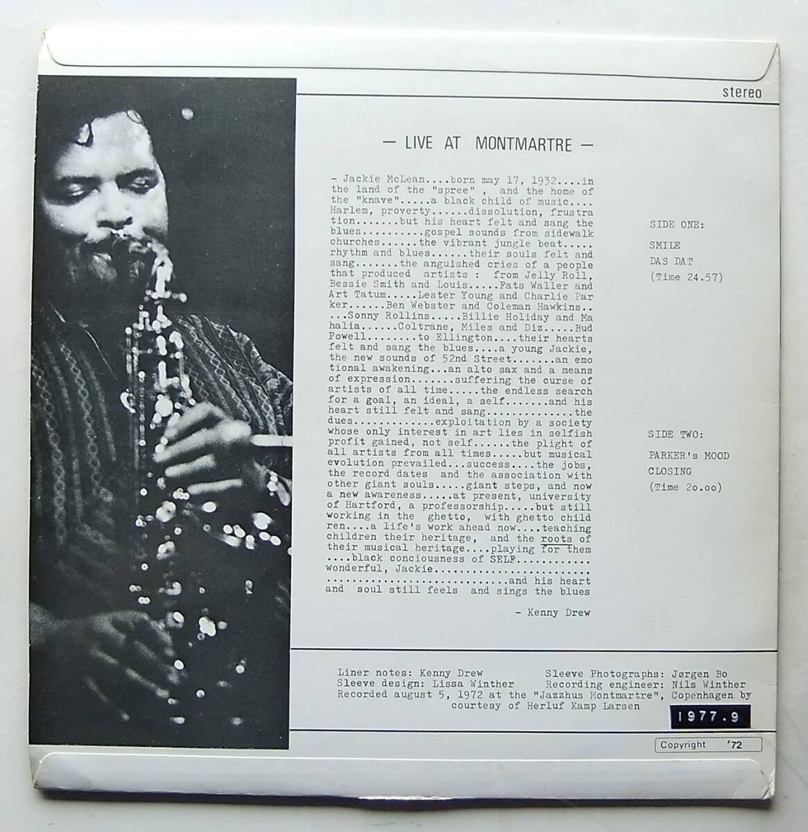 ◆ JACKIE McLEAN / Live at Montmartre ◆ SteepleChase SCS-1001 (red) (Denmark) ◆_画像2