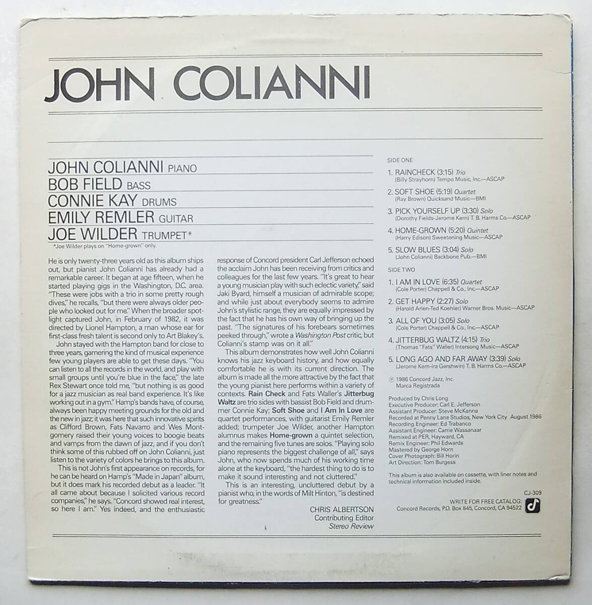 ◆ JOHN COLIANNI - EMILY REMLER ◆ Concord Jazz CJ-309 (promo) ◆_画像2