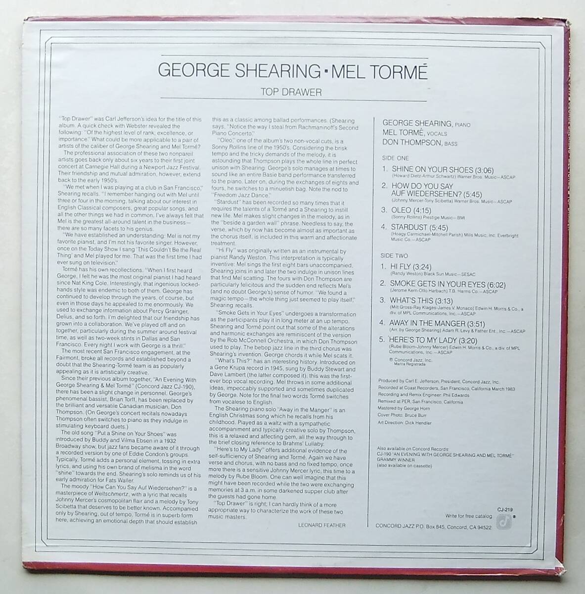 ◆ GEORGE SHEARING - MEL TORME / Top Drawer ◆ Concord Jazz CJ-219 ◆_画像2