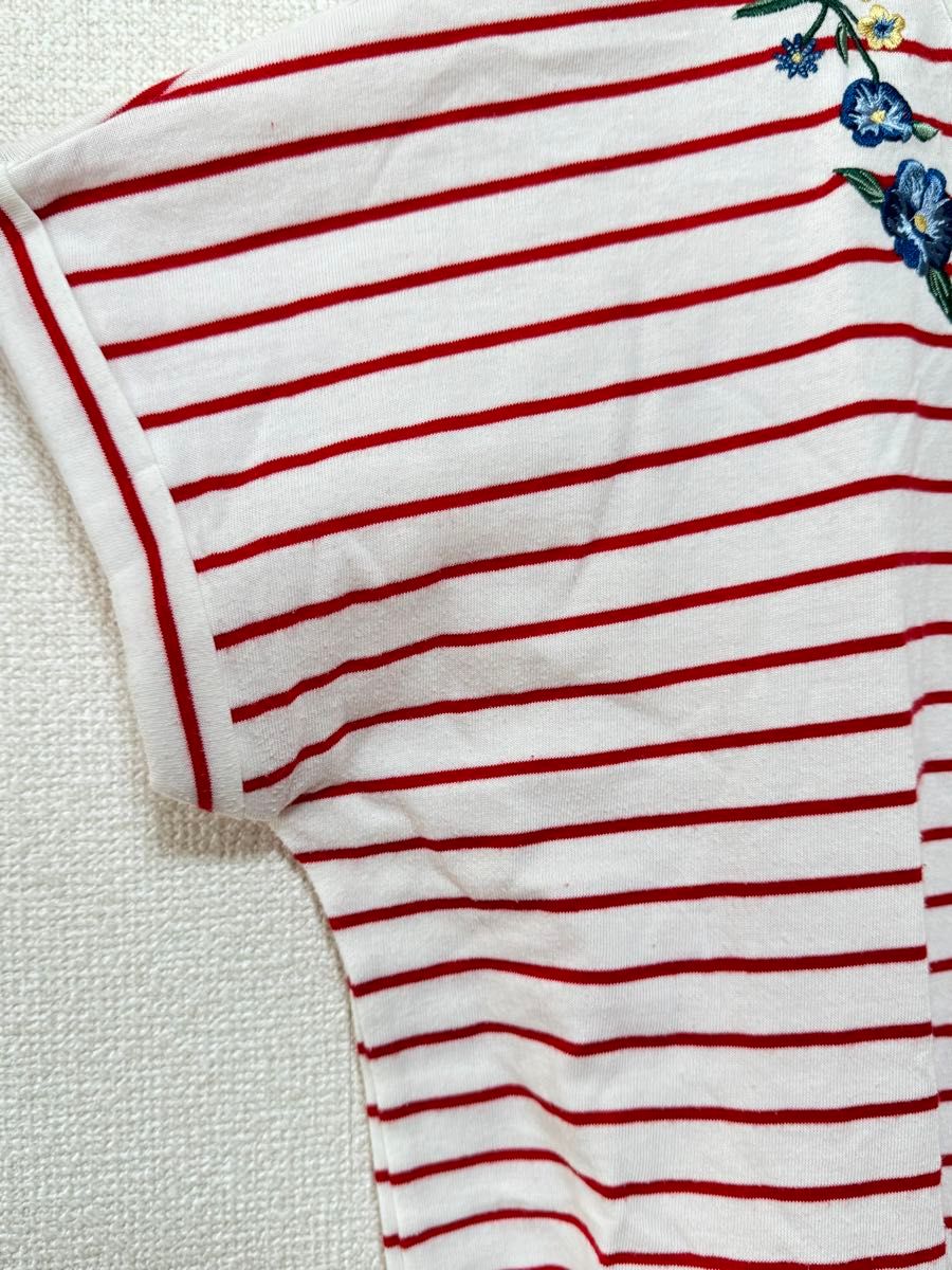 【最終価格】ハニーズ　 カットソー ボーダー Tシャツ 半袖 ゆったり　裾縛り　赤　花柄　刺繍　