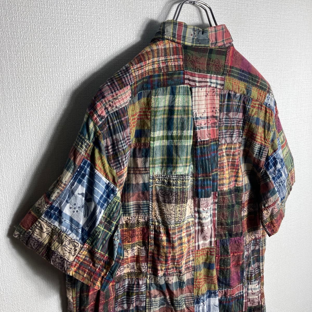 【90s】ラルフローレン　刺繍ロゴ　半袖シャツ　パッチワーク　XL　入手困難
