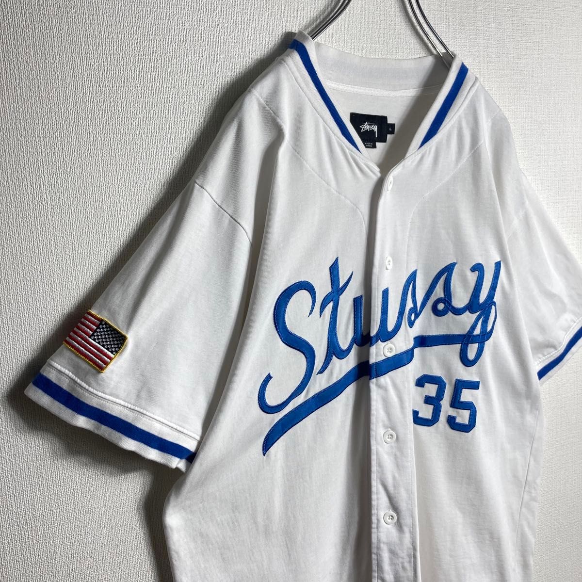 【人気Lサイズ】ステューシー　ベースボールシャツ　刺繍　ビッグロゴ　即完売モデル
