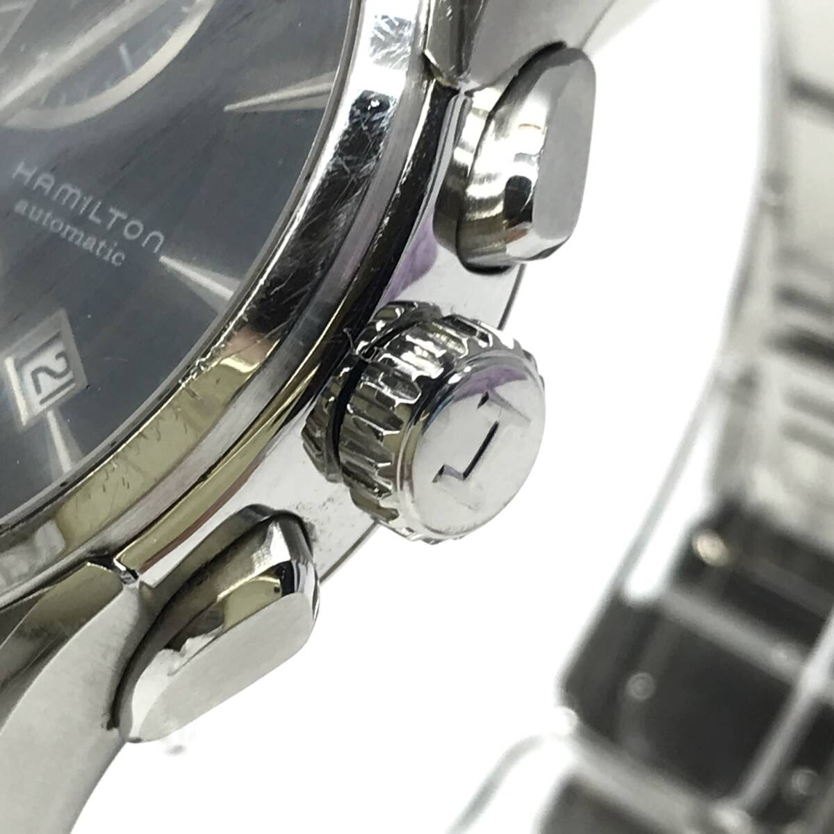 ジャンク品 HAMILTON ハミルトン H325960 ジャズマスター オート クロノ メンズ 腕時計 自動巻き 黒文字盤 SS デイト 管理YK24000265_画像3