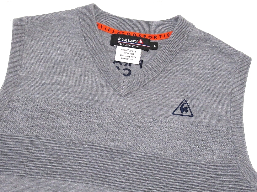 即決 極美品 le coq sportif GOLF ルコックゴルフ 2020FW ロゴ刺繍 編地柄 ウォッシャブル Vネック ニットベスト グレー L メンズの画像3