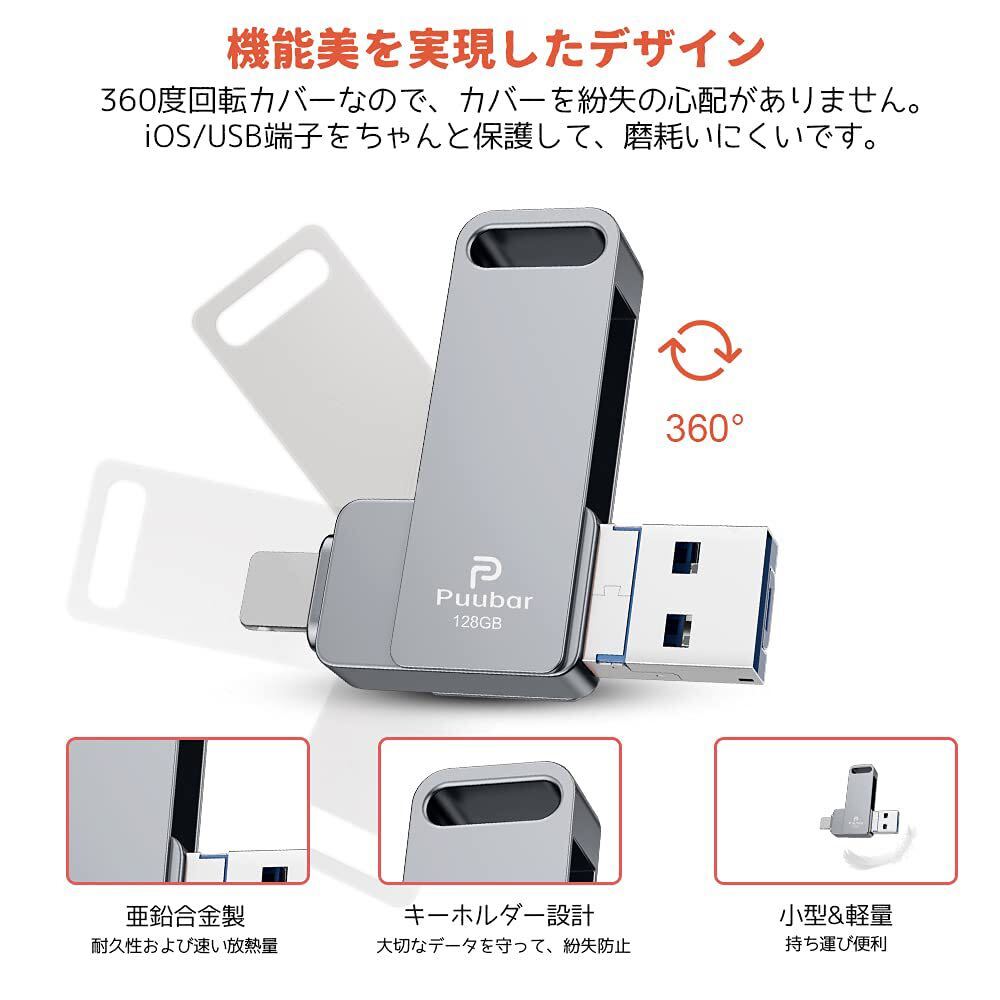 USBメモリー 4in1 USBフラッシュドライブ USBフラッシュメモリー IOS Android PC USB 両面挿し スマホ iPhone (128GB Gray)(H53)