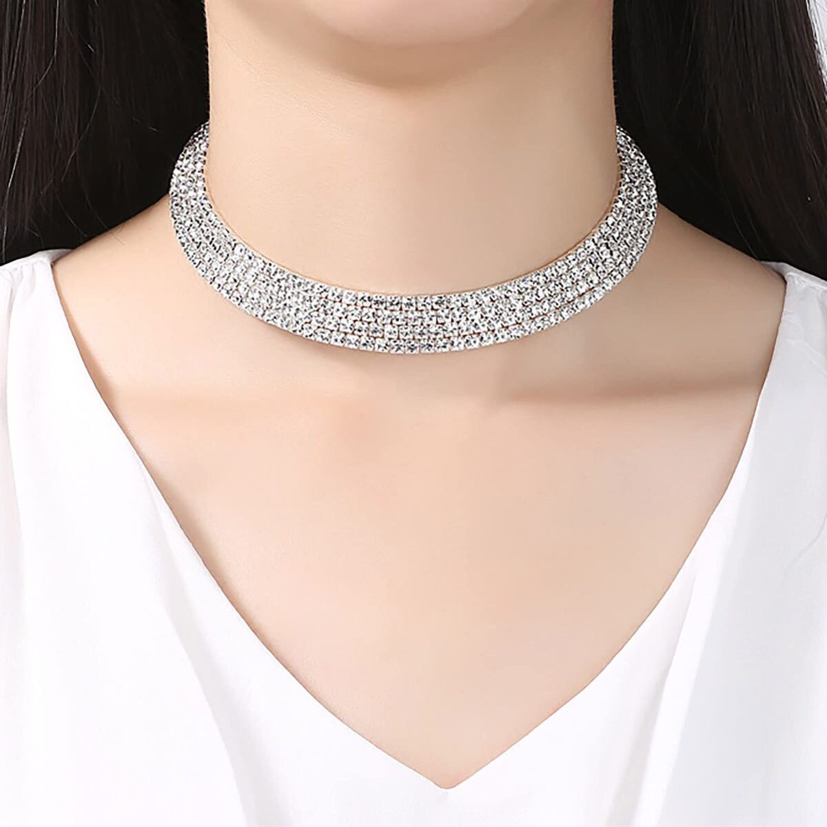 [LucBuy] ラインストーンチョーカーネックレス 4列ダイヤモンドネックレス、キラキラクリスタルネックレスジュエリー ファッション(H15)_画像2