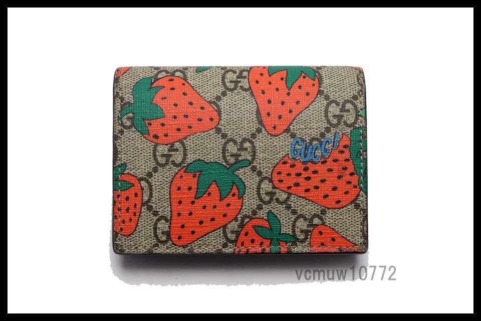 近年モデル希少美中古■GUCCI ストロベリー GGスプリーム レザー 2つ折り財布 グッチ■0404ab25312の画像1