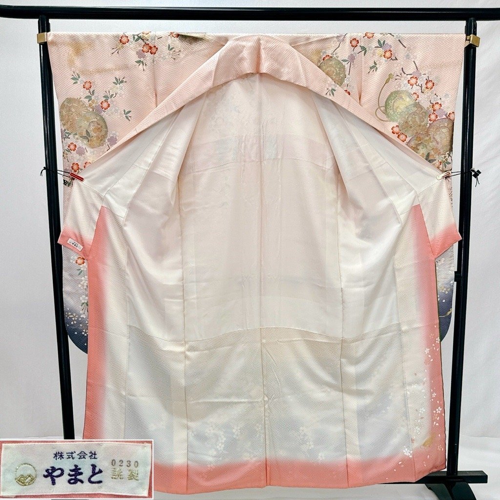  kimono ..1000 jpy start silk long-sleeved kimono long kimono-like garment double-woven obi piling collar set mother-of-pearl . pink branch shide . Sakura pretty black retro coming-of-age ceremony . equipment 161cm 67.5cm