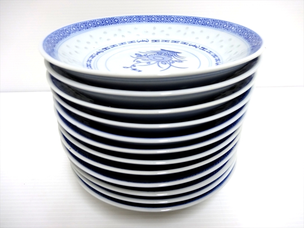 中国 景徳鎮 蛍焼 青花 丸深皿 直径18㎝ 12枚 ホタル焼 中華料理 飲食店の画像6