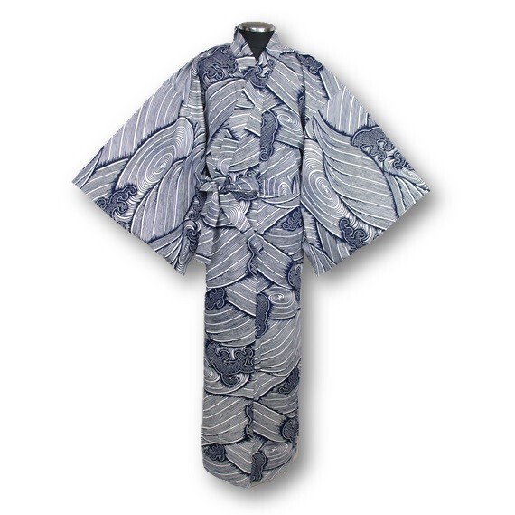 【日本製】日本海を彷彿させる「波」のデザインが粋な浴衣！白地に紺柄　Lサイズ
