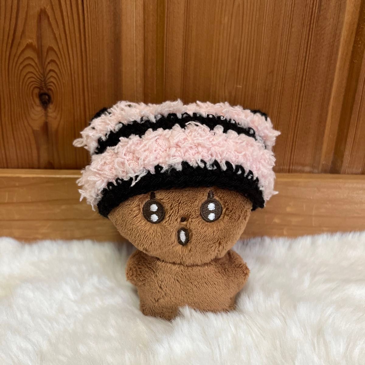 ニット帽 黒 ピンク ハンドメイド 10cmぬい服 ビーニー 猫耳風