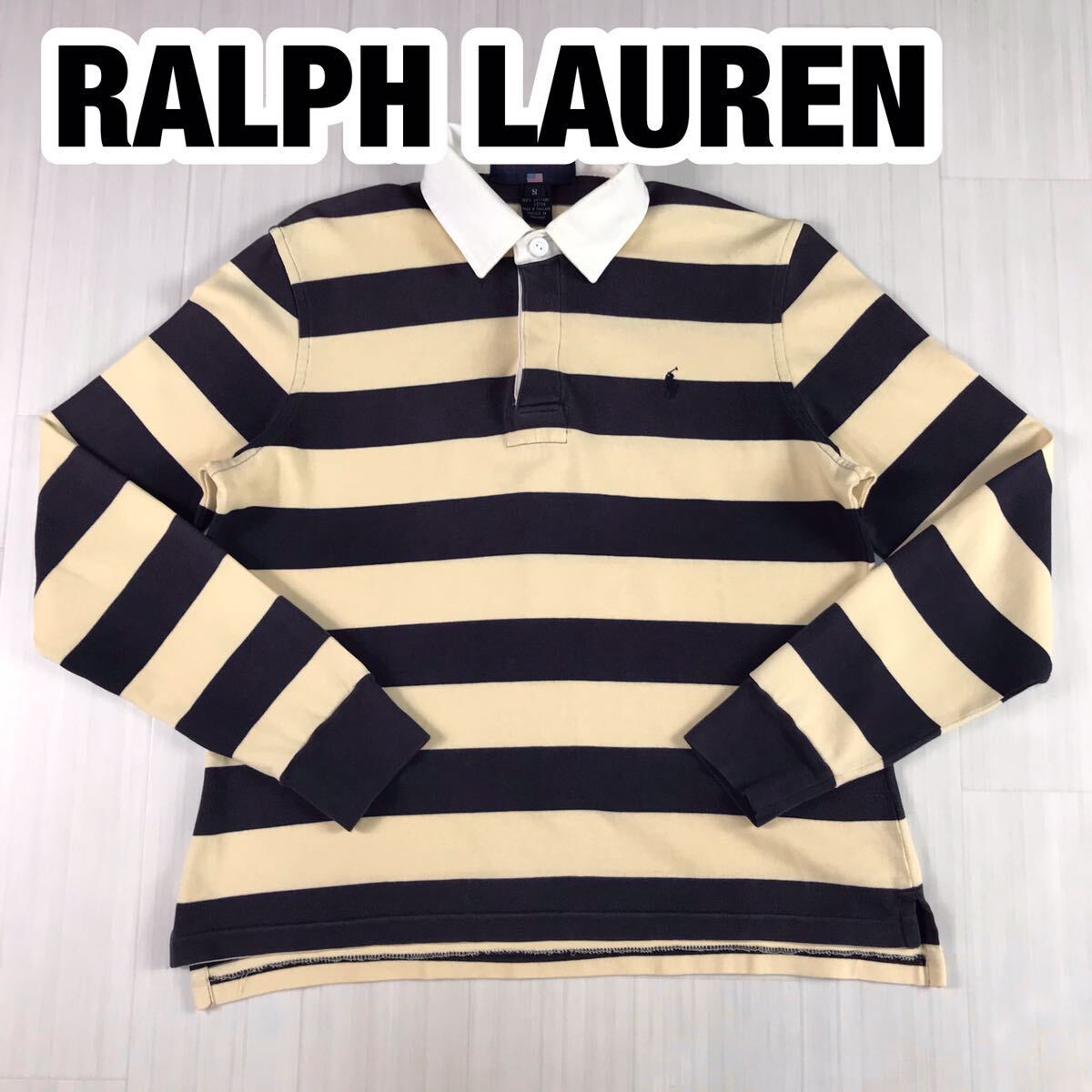 RALPH LAUREN POLO SPORT ラルフローレン ポロスポーツ ラガーシャツ S 太ボーダー ライトイエロー×ネイビー 刺繍ポニー 長袖ポロシャツの画像1