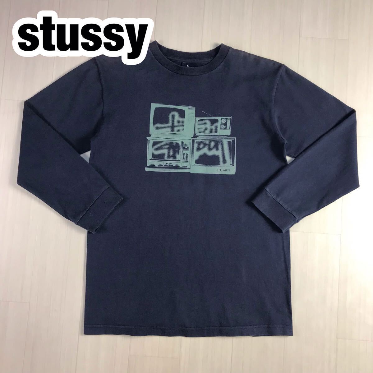 stussy ステューシー 長袖Tシャツ S ネイビー プリント テレビ_画像1