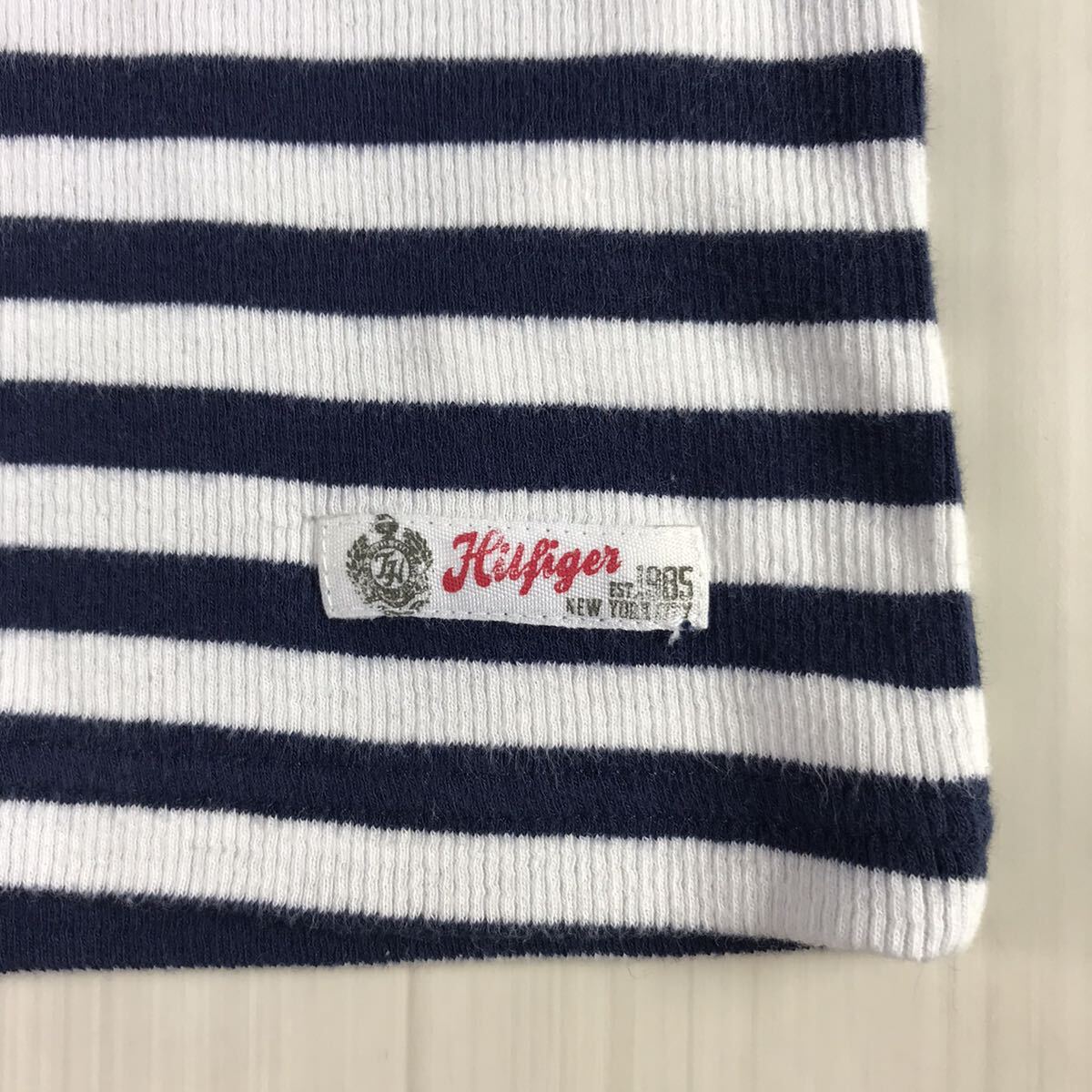 TOMMY HILFIGER トミー ヒルフィガー トップス 七分袖 M ボーダー ラグランスリーブ ネイビー×ホワイト 刺繍ロゴ ロゴタグ ロンT ボタン_画像7