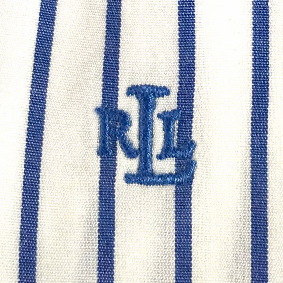 RALPH LAUREN ラルフローレン シャツワンピース 4 ストライプ ブルー×ホワイト Aライン ロング 七分袖 ロープベルト 刺繍ロゴ の画像6