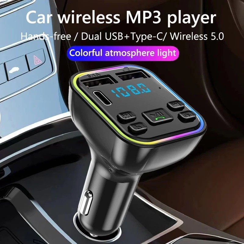 ☆新品☆ FMトランスミッター Bluetooth5.0 スマホの音楽や動画の音声を車で楽しめる! USB２ポート、Type-C１ポート ハンズフリー通話の画像3