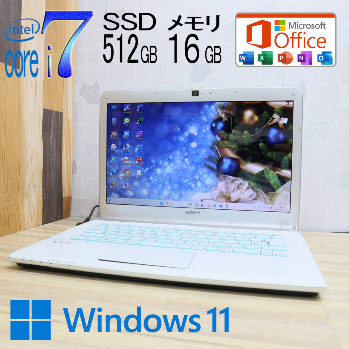 ★美品 最上級4コアi7！新品SSD512GB メモリ16GB★SVE14A27CJW Core i7-3740QM Webカメラ Win11 MS Office2019 Home&Business★P70800の画像1