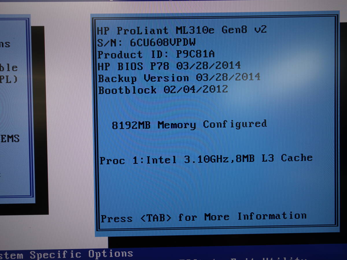 HP　ProLiant ML310 Gen8 v2 【Xeon E3-1220V3】 【BIOS確認済】 メモリ8GB/HDDなし/OSなし　中古 タワー型サーバ 【10日間保証】_画像7