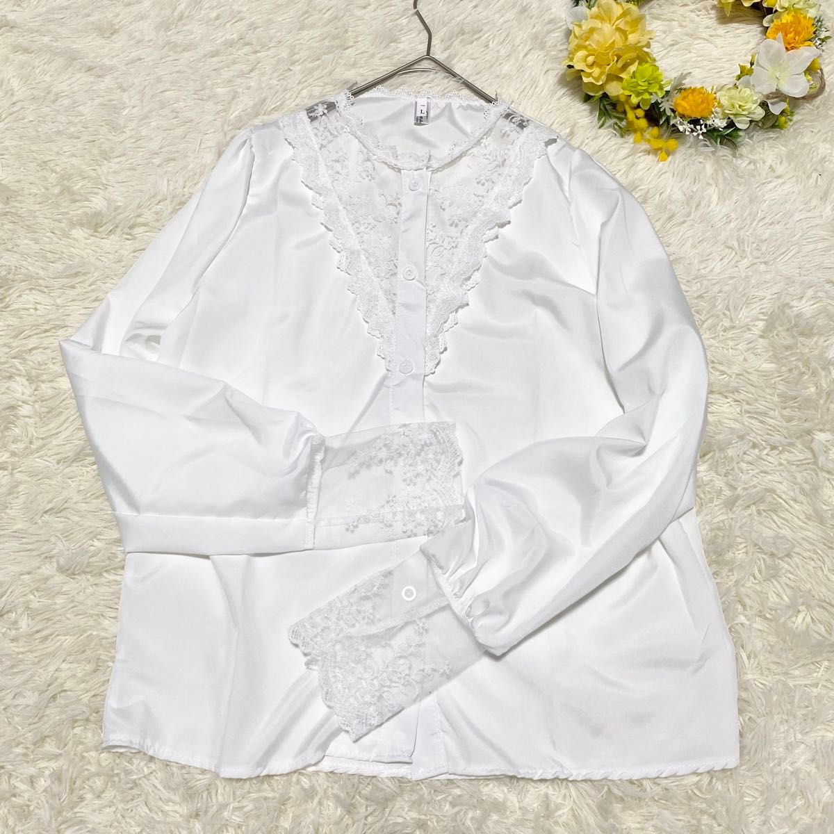 【新品未使用】レースシャツ ブラウス ホワイト 長袖 Lサイズ 韓国風