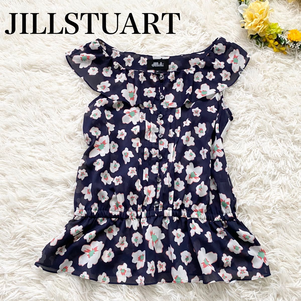 【JILLSTUART】ノースリーブフリルブラウス フラワープリント クリアボタン Ｍサイズ