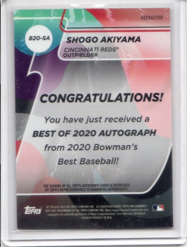 ■秋山翔吾　カード　Vol.27　2020BOWMAN'S BEST OF AUTOGRAPH REFRACTOR #B20-SA　公式直筆サイン　ルーキー　シンシナティ・レッズ_画像2