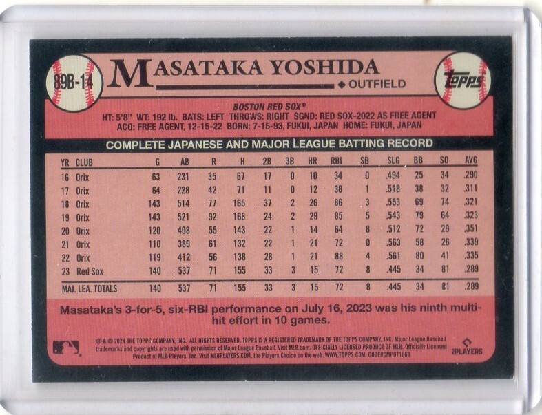 ●吉田 正尚 カード Vol.29 2024TOPPS SERIES 1 1989TOPPS 35TH ANNIVERSARY #89B-14 ボストン・レッドソックスの画像2