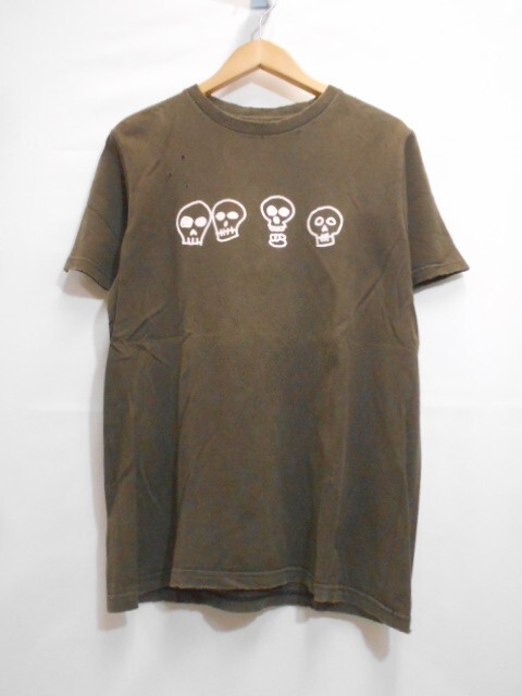 67 送60サ 0502$D23 NUMBER (N)INE ナンバーナイン メンズ ダメージ加工 スカルプリント 半袖Tシャツ 日本製 チャコール サイズ2 中古品