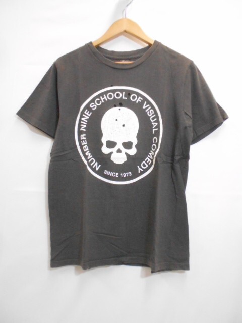 67 送60サ 0502$D25 NUMBER (N)INE ナンバーナイン メンズ ダメージ加工 スカルロゴ 半袖Tシャツ 日本製 チャコール サイズ2 中古品