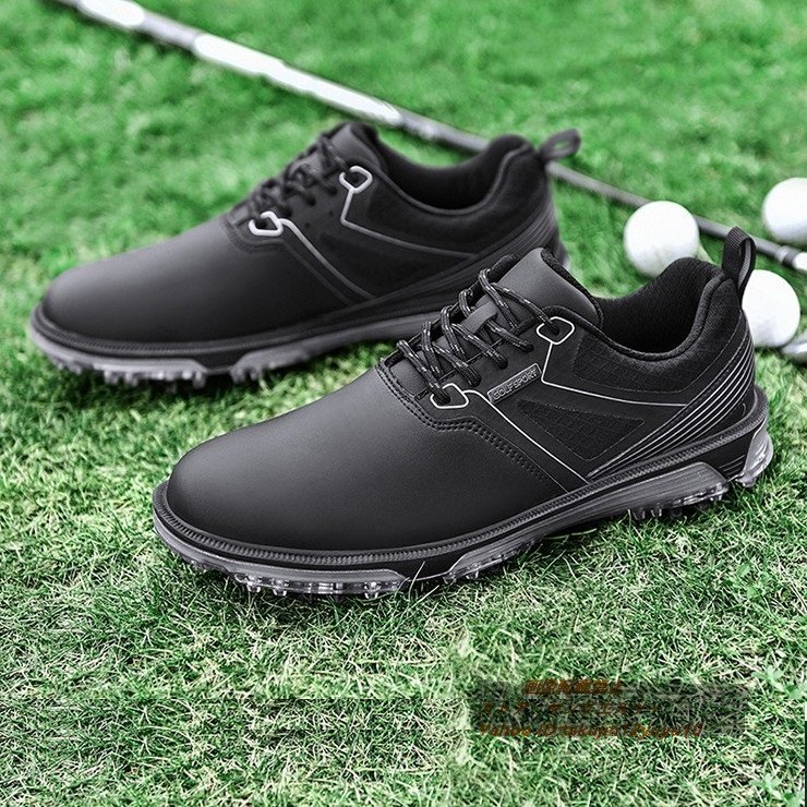 高級品 メンズ ゴルフシューズ 運動靴 フィット感 スポーツシューズ スパイク 強いグリップ 軽量 弾力性 通気性 防滑耐磨 撥水 黒 26.0cm