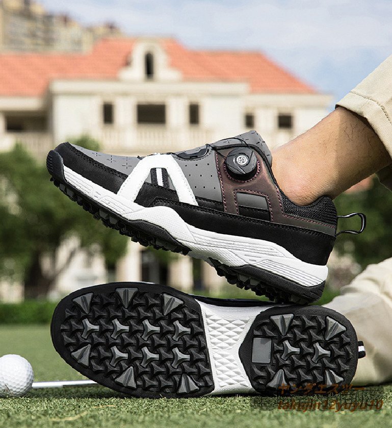 高級品 新品 ゴルフシューズ 運動靴 フィット感スポーツシューズ ソフトスパイク 強いグリップ 軽量 弾力性 通気性 防水防滑 グレー 27.5cm
