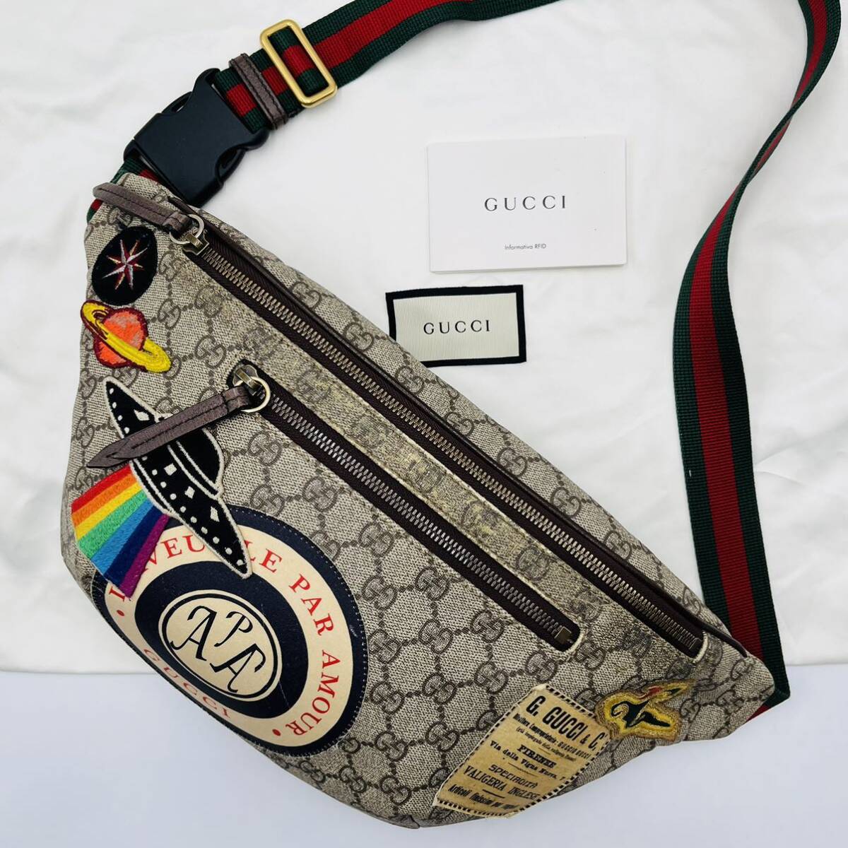 1円《稀少》GUCCI グッチ クーリエ ワッペン刺繍 GGスプリーム ボディバッグ ウエストポーチ ショルダー レザー PVC シェリーライン メンズ_画像1