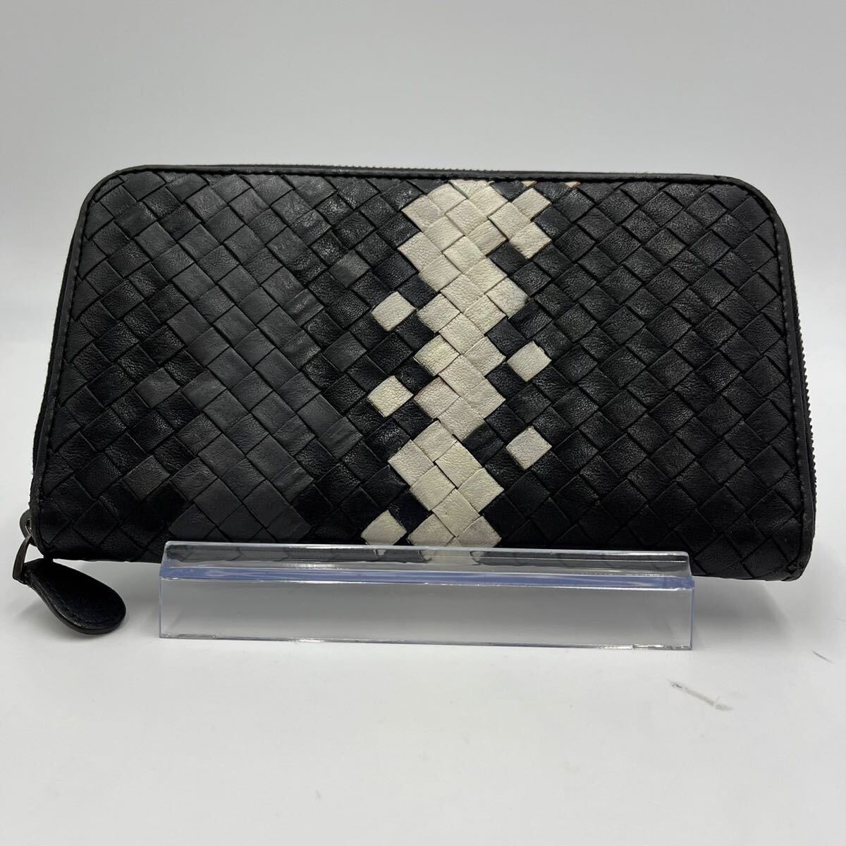 1円《入手困難》BOTTEGA VENETA ボッテガヴェネタ バイカラー 長財布 イントレチャート ラウンドウォレット レザー 本革 ブラック系 メンズの画像2