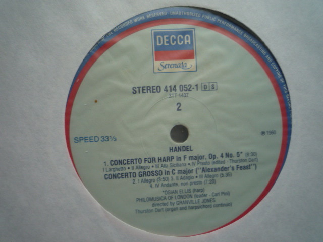 SR45 蘭DECCA盤LP ヘンデル/ハープ協奏曲、ハープとリュート協奏曲他 エリス、デュプレ/ルイス_画像3