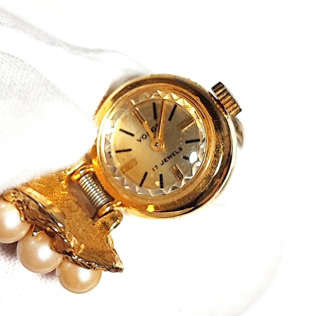 動作品 VONOS 指輪型 パールタイプ ゴールドカラー リングウォッチ アンティーク アクセサリー ヴィンテージ 時計 稼働品 手巻き f994の画像1