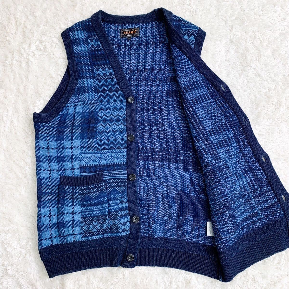  ultimate beautiful goods! BEAMS PLUS Beams plus animal Jaguar do woven knitted the best blue patchwork sweater L size 