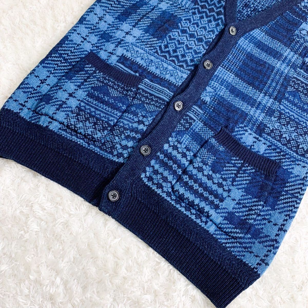  ultimate beautiful goods! BEAMS PLUS Beams plus animal Jaguar do woven knitted the best blue patchwork sweater L size 