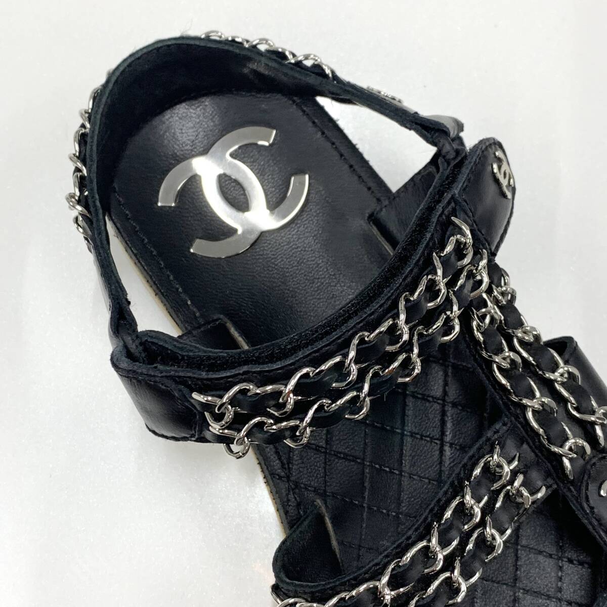 【クールな印象に♪】CHANEL☆チェーンCCロゴ フラットサンダル 9520 シャネル レザー ココマーク チェーン フラットサンダル